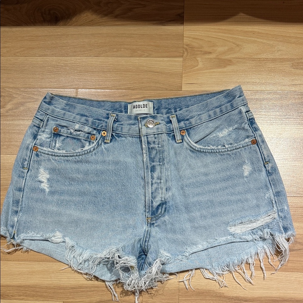 Agolde Distressed Light Blue Jean Shorts